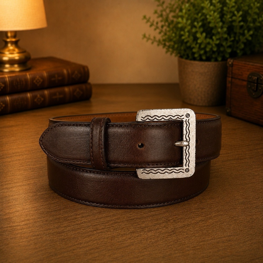 Vintage Ann Taylor Western Leather Belt Engraved Buckle Brown Womens Medium